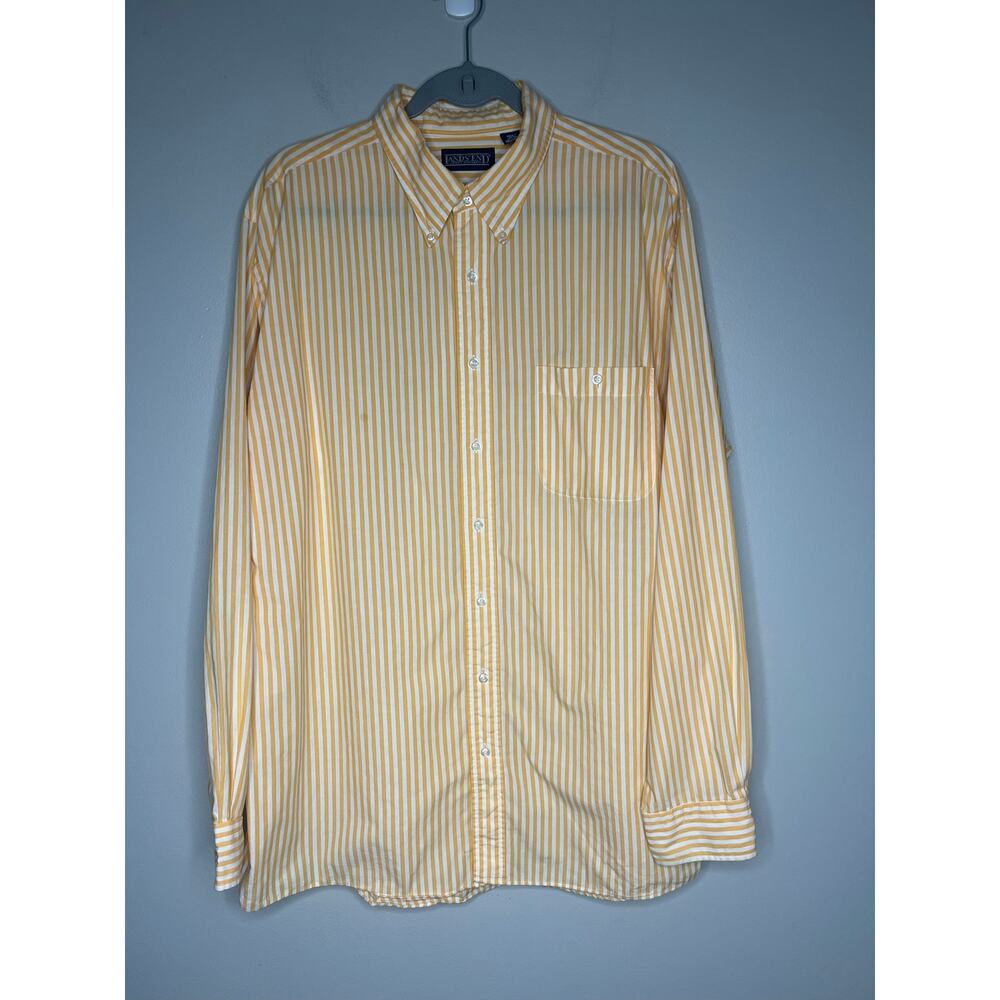 Lands End Sunshine Yellow White Stripe Button Down Long Sleeve Mens Tall 17.5/36